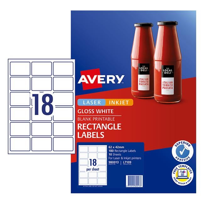 Avery Label L7109 Rectangular White Glossy 18up 10 Sheets