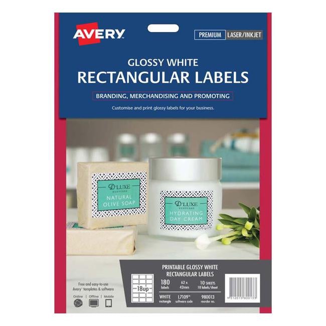 Avery Label L7109 Rectangular White Glossy 18up 10 Sheets