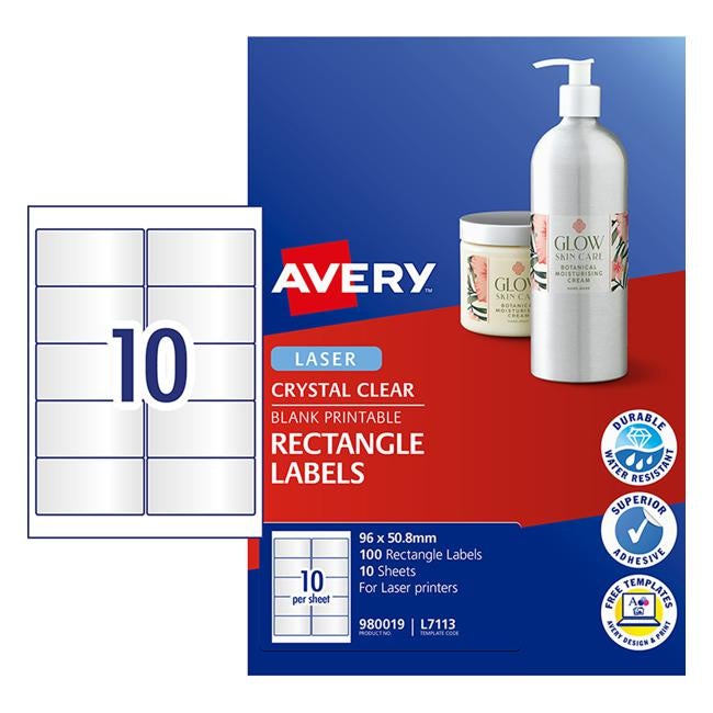Avery Label L7113 Rectangular Crystal Clear 10up 10 Sheets