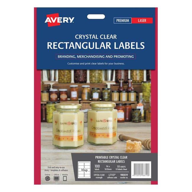 Avery Label L7113 Rectangular Crystal Clear 10up 10 Sheets