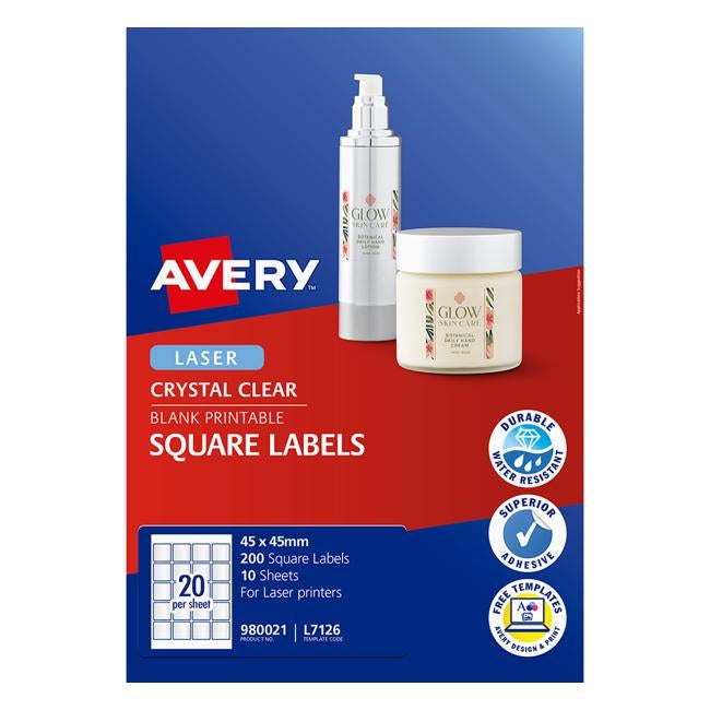 Avery Label L7126 Square Crystal Clear 20up 10 Sheets