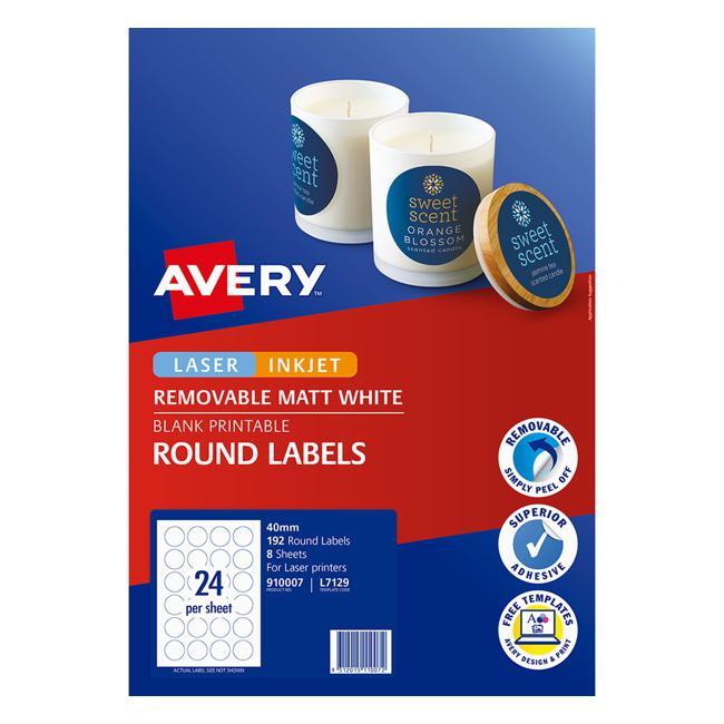 Avery Label L7129 Round Matte White 40mm 24up 8 Sheets