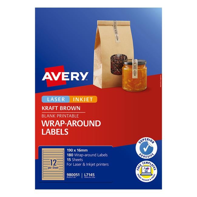 Avery Label L7145 Wrapround Kraft Inkjet 190x16mm 12up 15 Sheets Laser