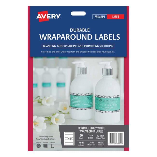 Avery Label L7146 Wrapround White Durable 5 Up 12 Sheets Laser 196x51mm