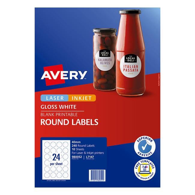 Avery Label L7147 White Gloss Round 40mm 24up 10 Sheets