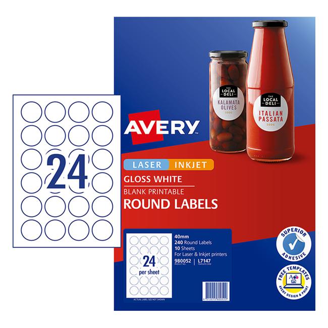 Avery Label L7147 White Gloss Round 40mm 24up 10 Sheets
