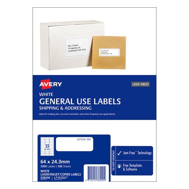 Avery Label L7157 General Use 64×24.3mm 100 Sheets