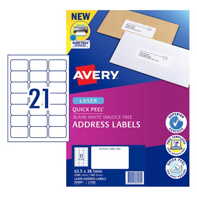 Avery Label L7160-100 Pop Up Quick Peel 63.5×38.1mm 100 Sheets