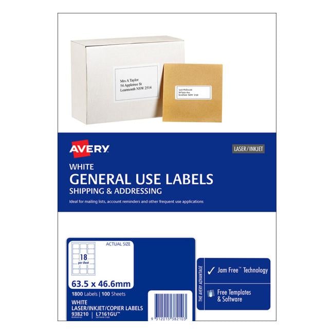 Avery Label L7161 General Use A4 18/Sheet 100 Sheets