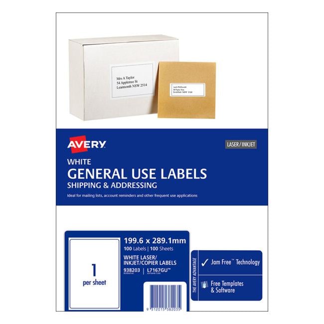Avery Label L7167 General Use A4 1/Sheet 100 Sheets