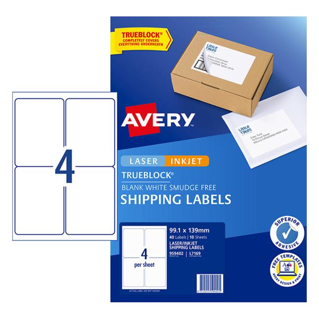 Avery Label L7169 Internet Shipping Label 99.1x139mm 4 Per Sheet 10 Pack