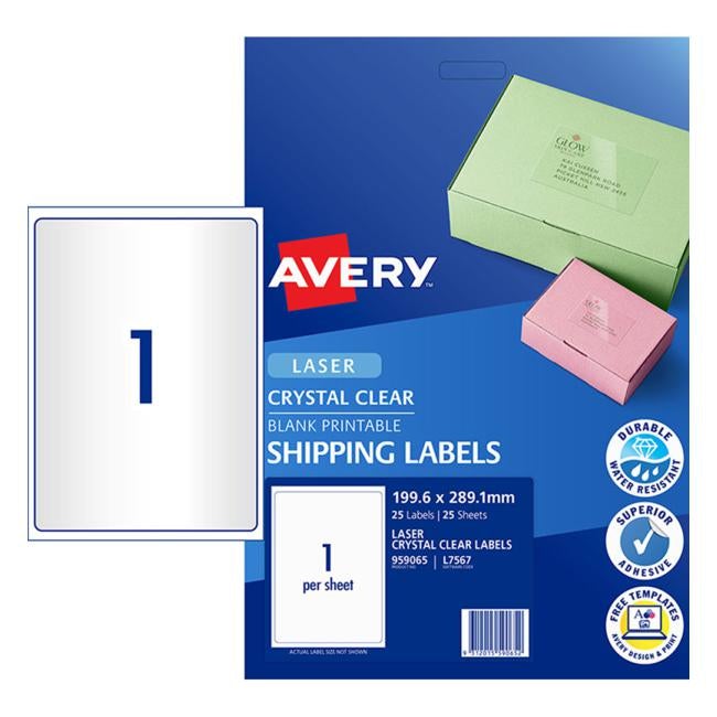 Avery Label L7567-25 Crystal Clear 199.6×289.1mm 25 Sheets