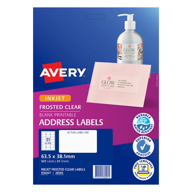 Avery Label Permanent J8560 Frosted Clear 21 Up 25 Sheets Inkjet 63.5mmx38.1mm