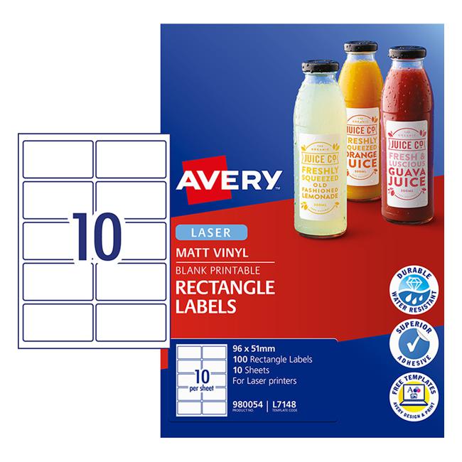 Avery Label Permanent Rectangular 10 Sheets 10 Up L7148 96x51mm