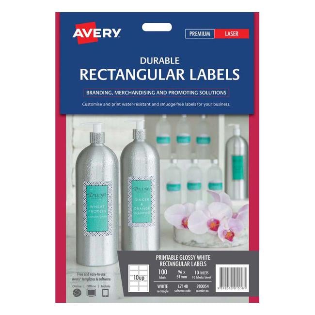 Avery Label Permanent Rectangular 10 Sheets 10 Up L7148 96x51mm