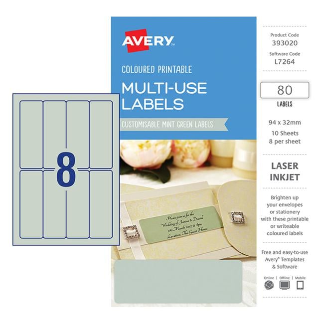 Avery Labels L7264 Mint Green  32×94 A5 8 Up Pack 10