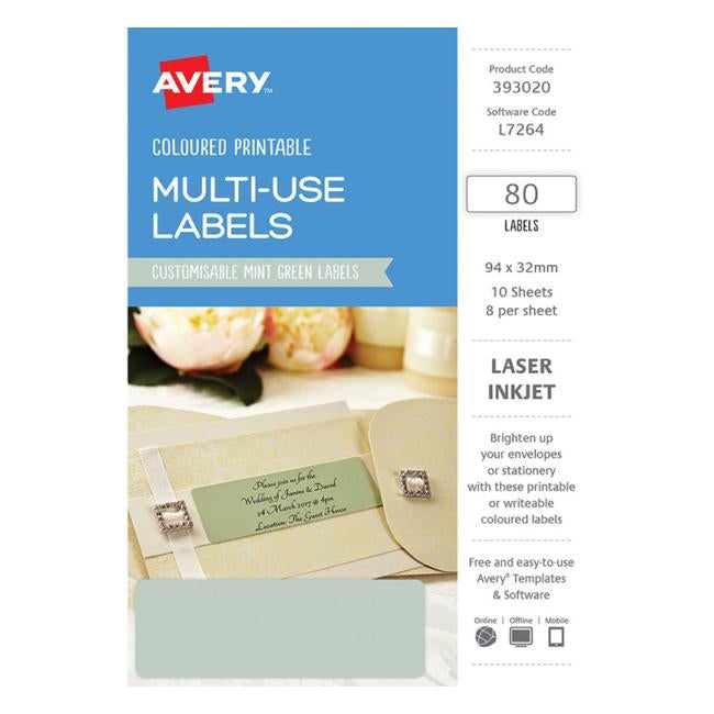 Avery Labels L7264 Mint Green  32×94 A5 8 Up Pack 10