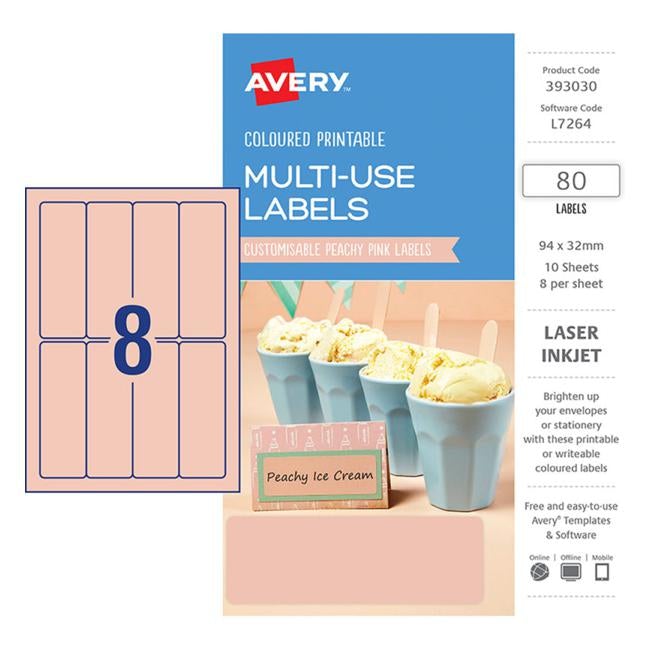 Avery Labels L7264 Peach 32×94 A5 8 Up Pack 10