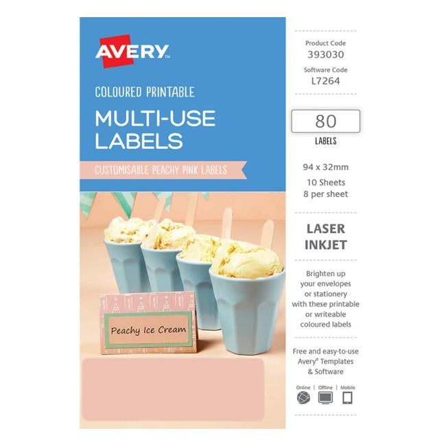 Avery Labels L7264 Peach 32×94 A5 8 Up Pack 10