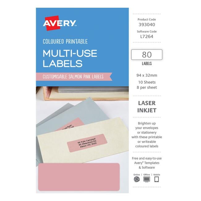 Avery Labels L7264 Salmon 32×94 A5 8 Up Pack 10