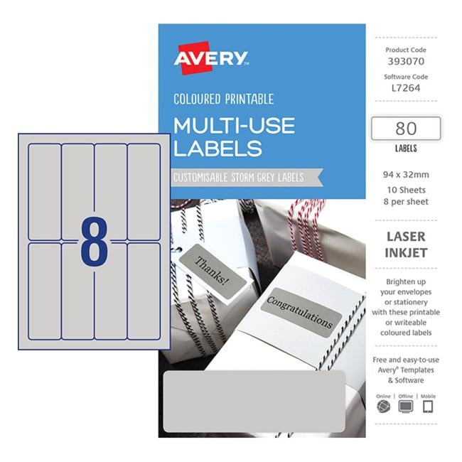 Avery Labels L7264 Storm Grey 32×94 A5 8 Up Pack 10