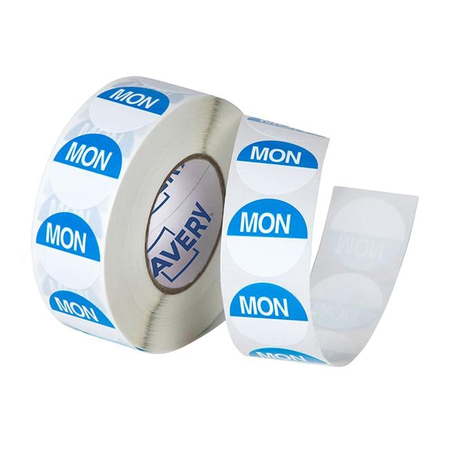 Avery Labels Monday Round Day  24mm Blue White 1000 Roll