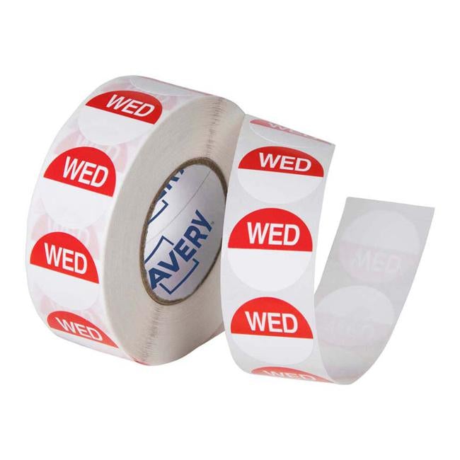 Avery Labels Wednesday Round Day 24mm Red White 1000 Roll