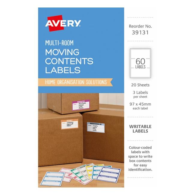 Avery Moving Labels 39131 Assorted Colours 97x45mm 3up 20 Sheets