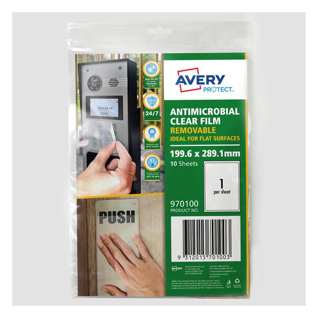 Avery Protect Anti-Microbial Film Removable A4 1up 10 Sheets