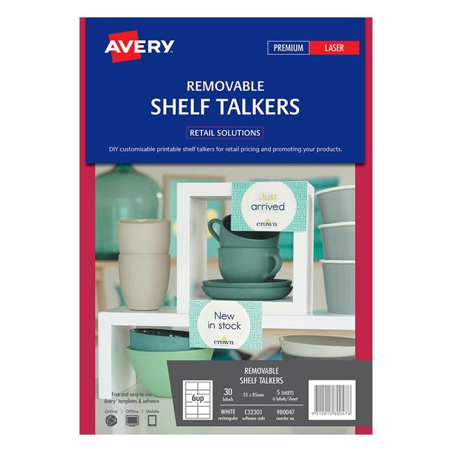 Avery Shelf Talkers C32301 Removable 55x85mm 6up 5 Sheets Laser