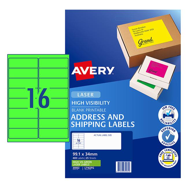 Avery Shipping Label L7162FG Fluoro Green 99.1x34mm 16up 25 Sheets Laser