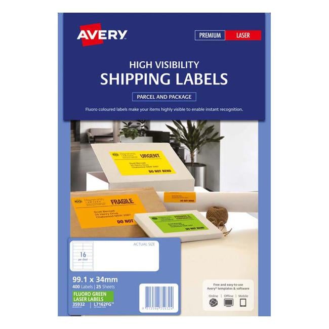 Avery Shipping Label L7162FG Fluoro Green 99.1x34mm 16up 25 Sheets Laser