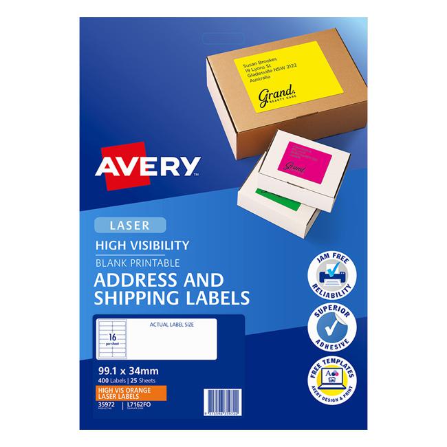 Avery Shipping Label L7162FO Fluoro Orange Laser 99.1x34mm 16up 25 Sheets