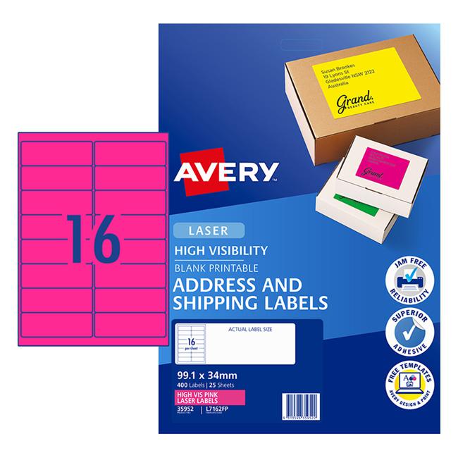 Avery Shipping Label L7162FP Fluoro Pink Laser 99.1x34mm 16up 25 Sheets