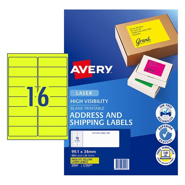 Avery Shipping Label L7162FY Fluoro Yellow Laser 99.1x34mm 16up 25 Sheets