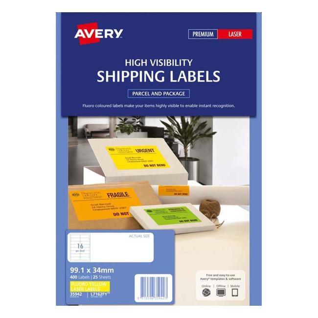 Avery Shipping Label L7162FY Fluoro Yellow Laser 99.1x34mm 16up 25 Sheets