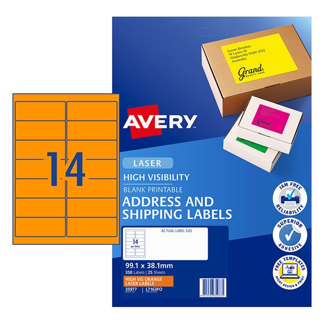 Avery Shipping Label L7163FO Flo Orange Laser 99.1x38.1mm 14up 25 Sheets