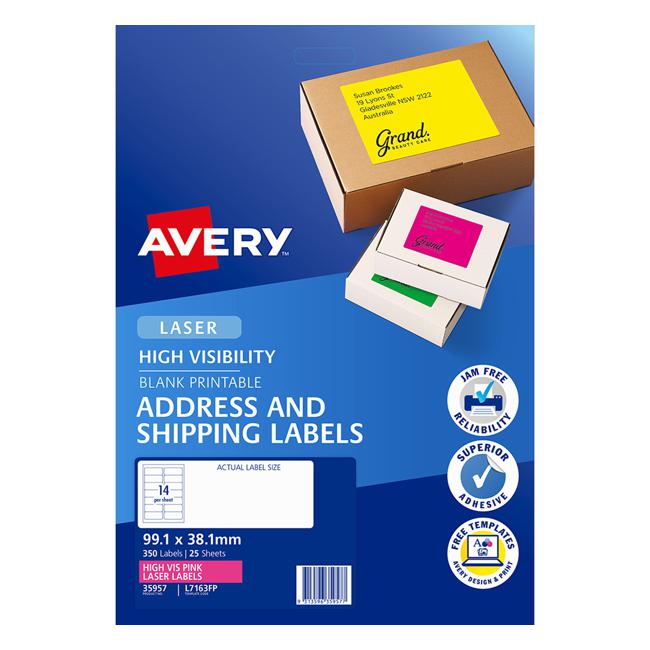 Avery Shipping Label L7163FP Flo Pink Laser 99.1x38.1mm 14up 25 Sheets