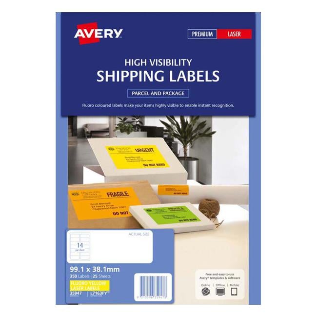 Avery Shipping Label L7163FY Flo Yellow Laser 99.1x38.1mm 14up 25 Sheets