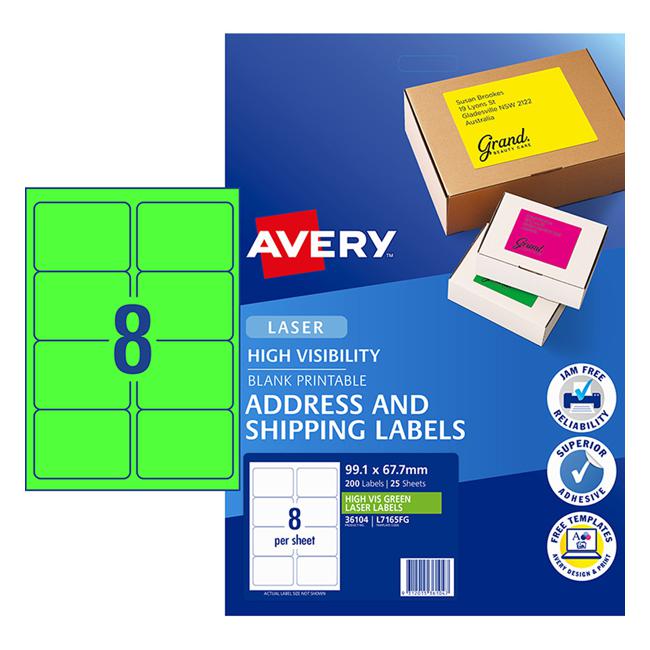 Avery Shipping Label L7165FG Fluoro Green 99.1x67.7mm 8up 25 Sheets