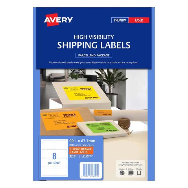 Avery Shipping Label L7165FO Fluoro Orange 99.1x67.7mm 8up 25 Sheets