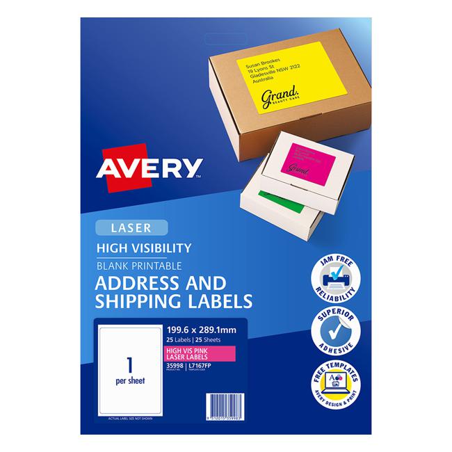 Avery Shipping Label L7167FP Flo Pink Laser 199.6 X 289.1mm 1up 25 Sheets