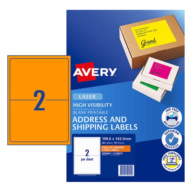 Avery Shipping Label L7168fo  Fluoro Orange 2 Up 10 Sheets  Laser 199.6×143.5mm
