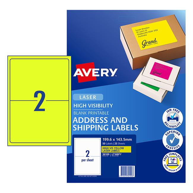 Avery Shipping Label L7168FY Fluoro Yellow 199.6x143.5mm 2up 25 Sheets