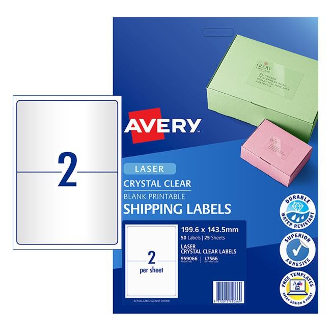 Avery Shipping Label L7566 Crystal Clear 2up 25/Pk 199.6x143.5mm