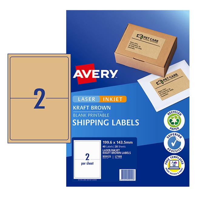 Avery Shipping Labels L7168 Brown Kraft 199.6x143.5mm 2up 20 Sheets