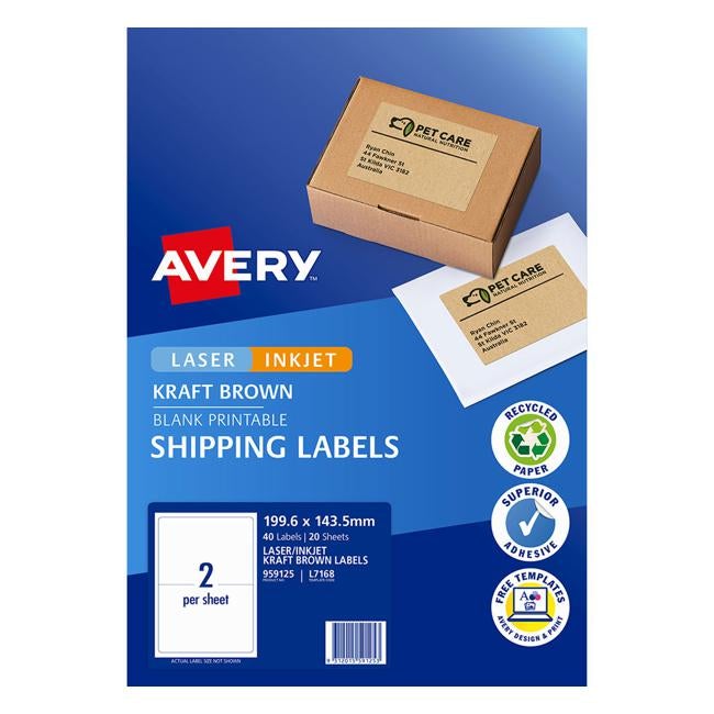 Avery Shipping Labels L7168 Brown Kraft 199.6x143.5mm 2up 20 Sheets