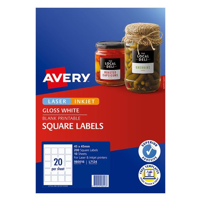 Avery Square Glossy Labels L7124 10 Sheets 20up