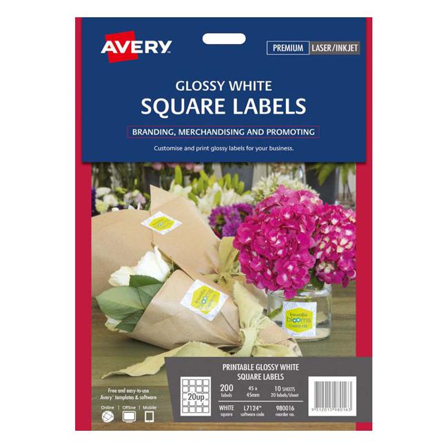 Avery Square Glossy Labels L7124 10 Sheets 20up