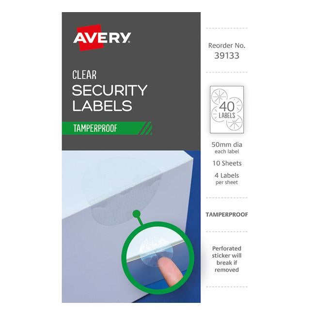 Avery Tamper Proof Label 39133 Clear Dot 50mm 4up 10 Sheets